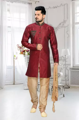Maroon Embroidered Art Silk Stitched Sherwani