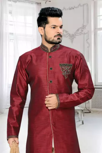 Maroon Embroidered Art Silk Stitched Sherwani