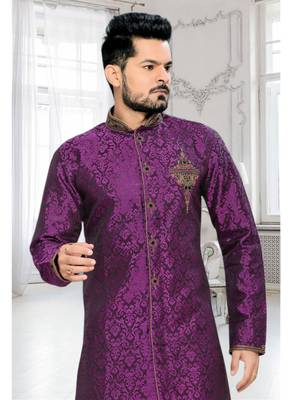 Purple Embroidered Art Silk Stitched Sherwani 3