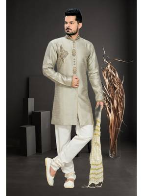Grey Embroidered Art Silk Stitched Sherwani 2