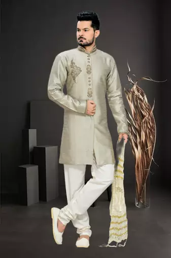 Grey Embroidered Art Silk Stitched Sherwani