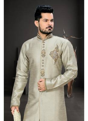 Grey Embroidered Art Silk Stitched Sherwani 3
