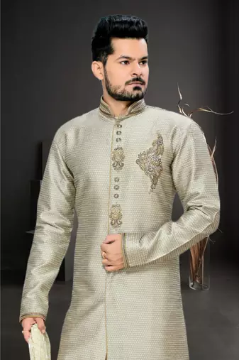 Grey Embroidered Art Silk Stitched Sherwani