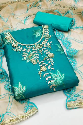 Women's sky blue unstitched handwork heavy embroidered dupatta organza dress material (msmfc11289d)