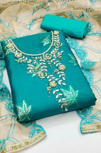 Women's sky blue unstitched handwork heavy embroidered dupatta organza dress material (msmfc11289d)