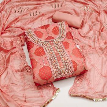 Women's peach sequence work position print embroidered dupatta dress material 1