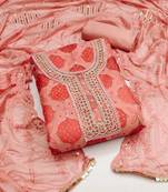 Women's peach sequence work position print embroidered dupatta dress material