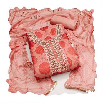 Women's peach sequence work position print embroidered dupatta dress material 3