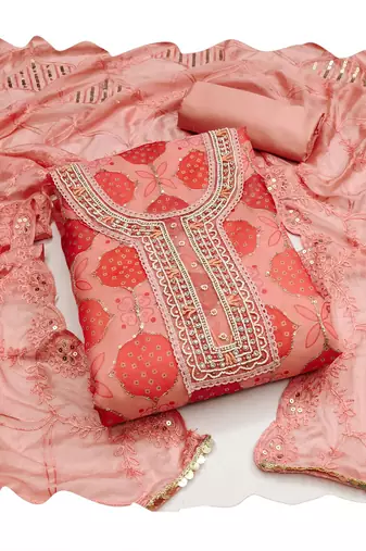 Women's peach sequence work position print embroidered dupatta dress material
