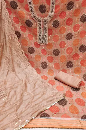 Women's rust sequence work,position print embroidered dupatta organza dress material
