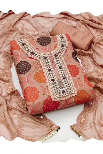 Women's rust sequence work,position print embroidered dupatta organza dress material