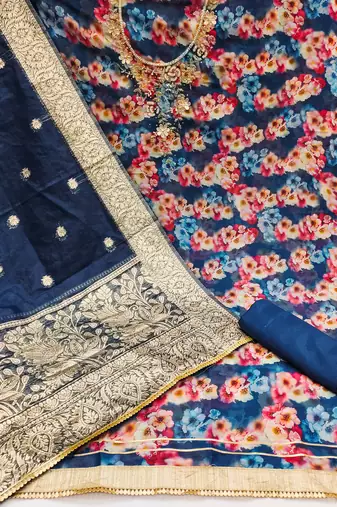 Women's multi designer digital print banarasi woven dupatta organza dress material