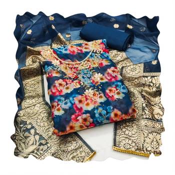 Women's multi designer digital print banarasi woven dupatta organza dress material 3