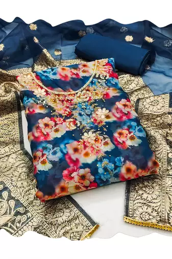 Women's multi designer digital print banarasi woven dupatta organza dress material
