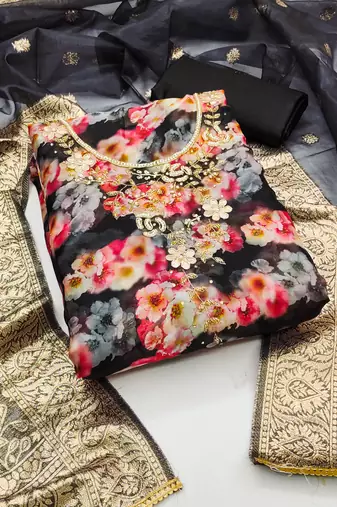 Women's multi unstitched designer digital print  banarasi woven dupatta organza dress material (msmfc11291c)