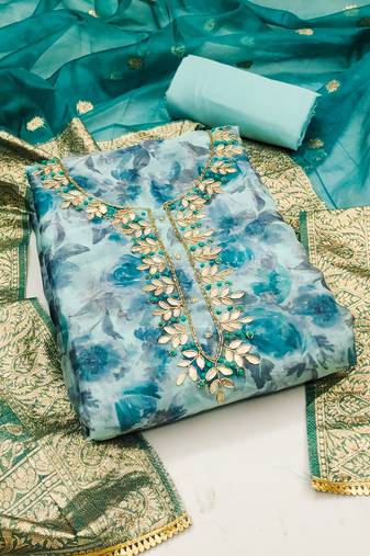 Women's multi unstitched designer digital print  banarasi woven dupatta organza dress material (msmfc11292a)