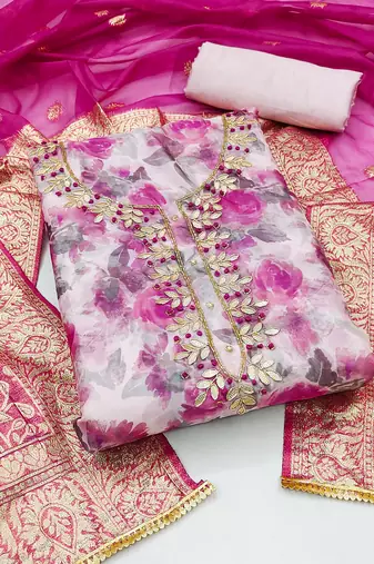 Women's multi unstitched designer digital print  banarasi woven dupatta organza dress material (msmfc11292b)