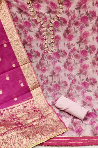Women's multi designer digital print banarasi woven dupatta organza dress material