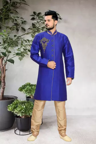 Blue Embroidered Jacquard Stitched Sherwani