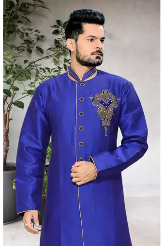 Blue Embroidered Jacquard Stitched Sherwani