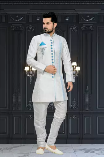 Off White Embroidered Jacquard Stitched Sherwani
