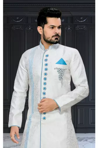 Off White Embroidered Jacquard Stitched Sherwani