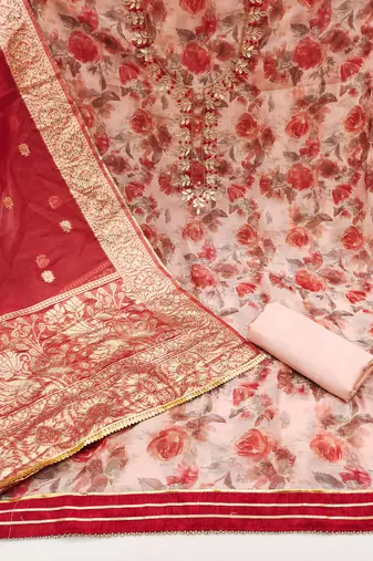 Women's multi designer digital print banarasi woven dupatta organza dress material