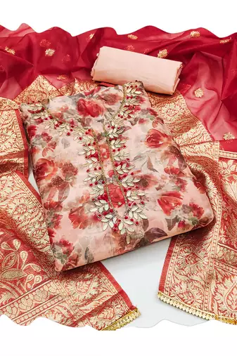 Women's multi designer digital print banarasi woven dupatta organza dress material