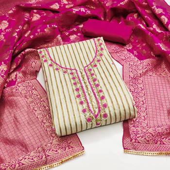 Women's beige stylish handwork banarasi woven dupatta cotton dress material 1