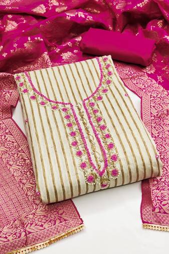Women's beige unstitched stylish handwork  banarasi woven dupatta cotton dress material (msmfc11293a)