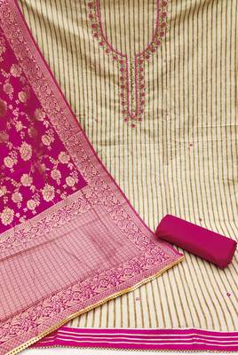 Women's beige stylish handwork banarasi woven dupatta cotton dress material 2