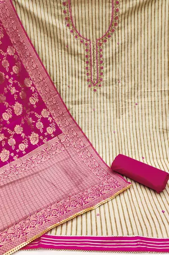 Women's beige stylish handwork banarasi woven dupatta cotton dress material