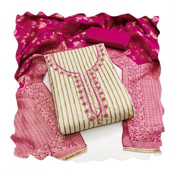 Women's beige stylish handwork banarasi woven dupatta cotton dress material 3