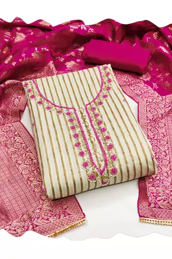 Women's beige stylish handwork banarasi woven dupatta cotton dress material
