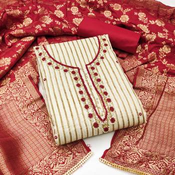 Women's beige stylish handwork banarasi woven dupatta cotton dress material 1