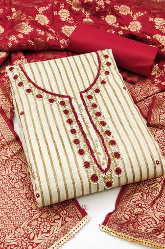 Women's beige unstitched stylish handwork  banarasi woven dupatta cotton dress material (msmfc11293b)