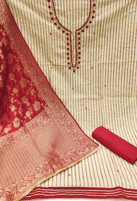 Women's beige stylish handwork banarasi woven dupatta cotton dress material 2