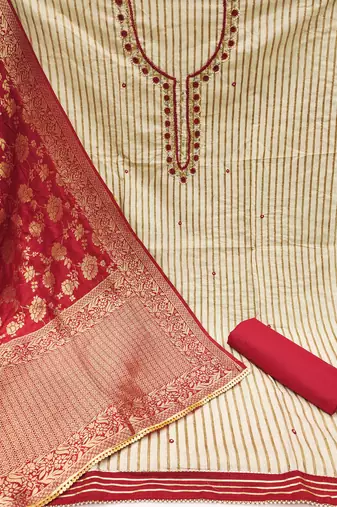 Women's beige stylish handwork banarasi woven dupatta cotton dress material