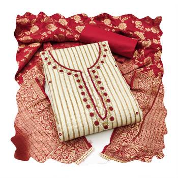 Women's beige stylish handwork banarasi woven dupatta cotton dress material 3
