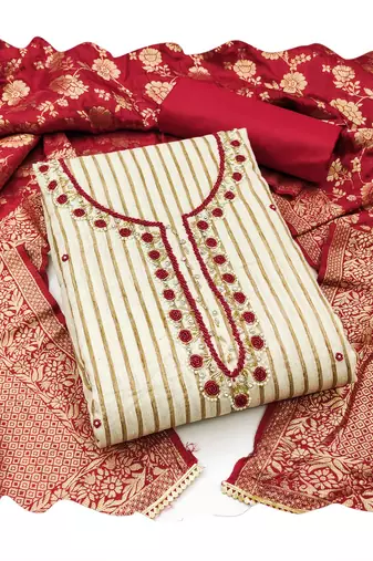 Women's beige stylish handwork banarasi woven dupatta cotton dress material