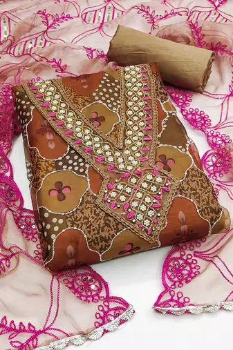 Women's multi unstitched  sequence work, position print  heavy embroidered dupatta organza dress material (msmfc11294c)