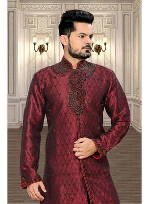 Maroon Embroidered Jacquard Stitched Sherwani 3