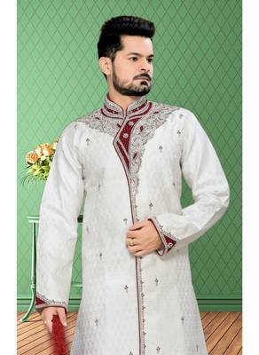 Off White Embroidered Jacquard Stitched Sherwani 3