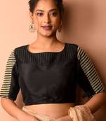 Black Boat Neck Raw Silk Hand Embroidered Blouse