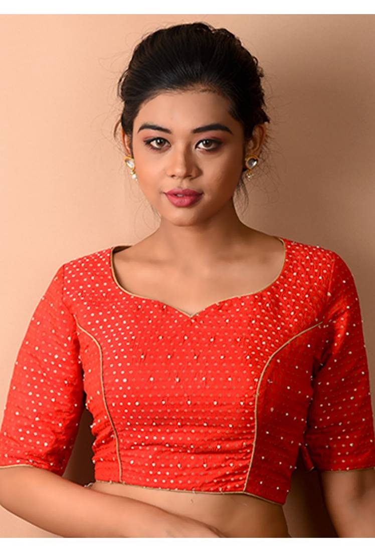 Red Sweetheart Neck Zari Woven Pure Silk Blouse
