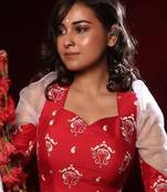 Red Sweetheart Neck Cotton Silk Printed Blouse