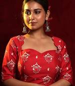 Red Sweetheart Neck Cotton Silk Printed Blouse