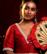 Red V Neck Dupion Silk Back Embroidery Blouse