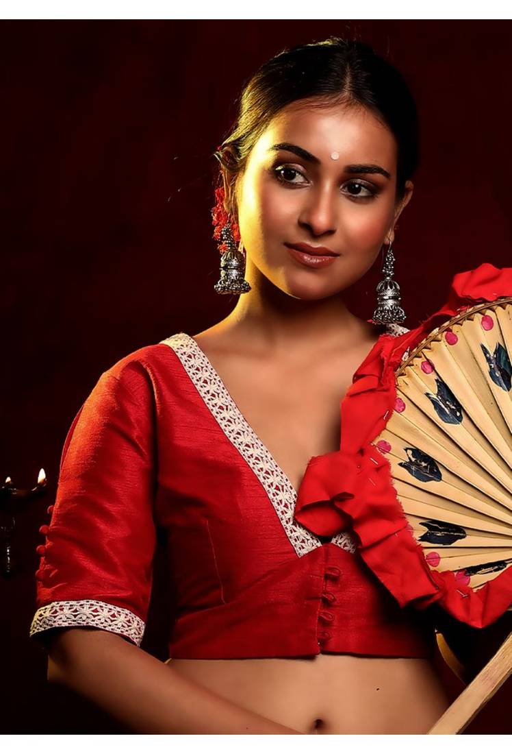 Red V Neck Dupion Silk Back Embroidery Blouse