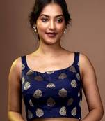 Navy Blue Silk Brocade Designer Blouse